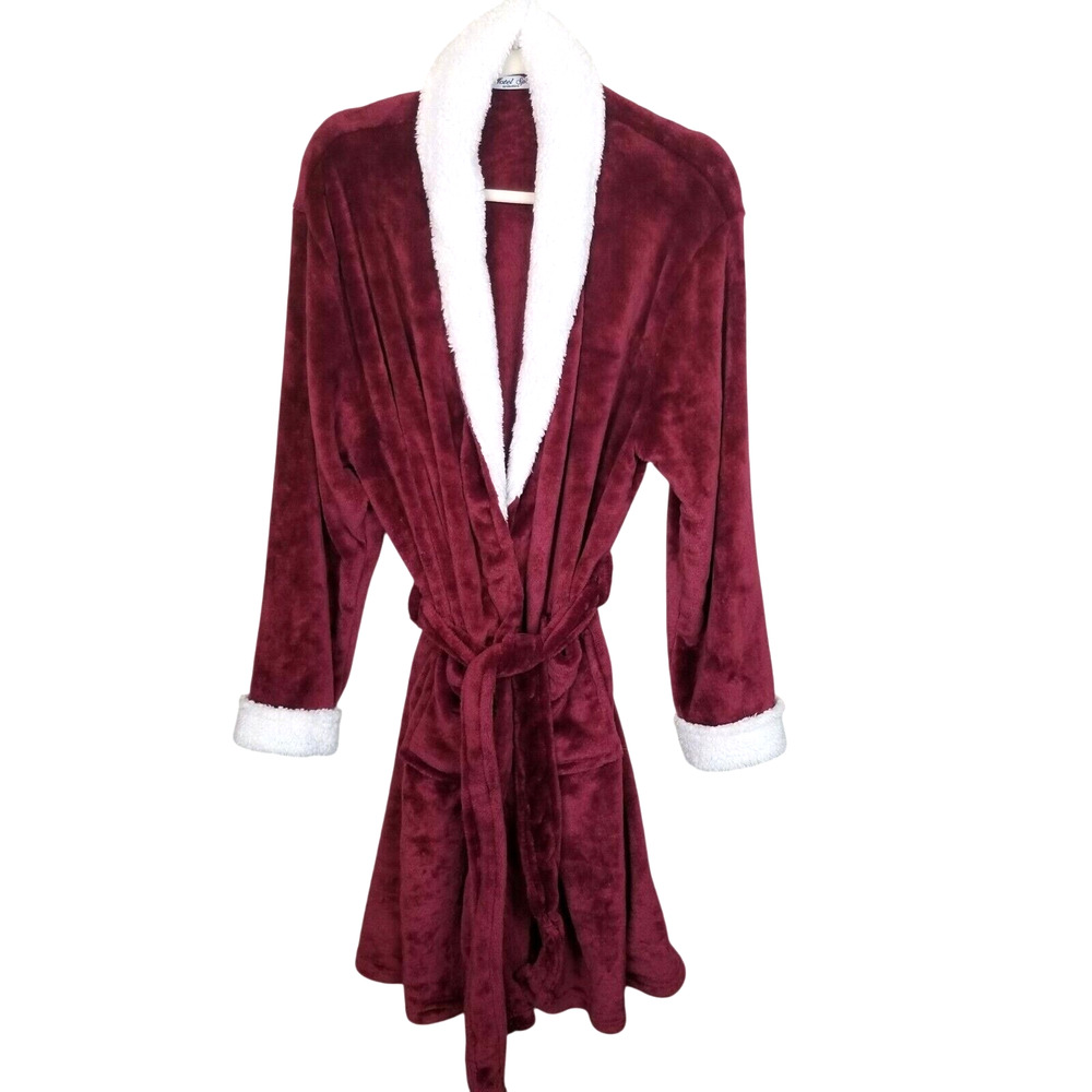 Hotel Spa Womens Burgundy Velvet Berber Plush Robe Sz S/M Comfy Cozy Loungewear